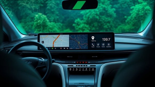 Futuristic vehicle dashboard displaying Google Maps voice command features.