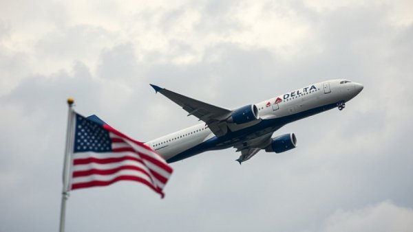 Delta airplane flying amid government mandated flight cuts with American flag.