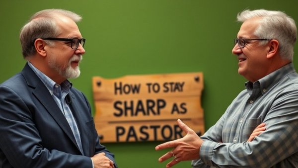 Discussion on how to stay sharp as a pastor with two men and a wooden sign.