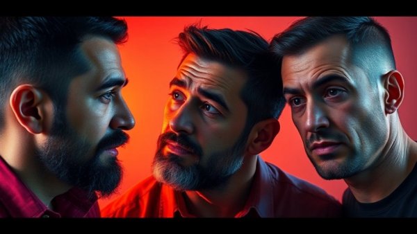 Three men in a digital artwork engage with theological challenges.