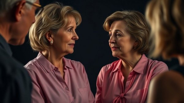 Middle-aged woman discussing tolerance in society, studio setting.