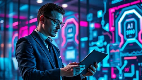 Futuristic business setting showcasing AI-first approach in modern office.