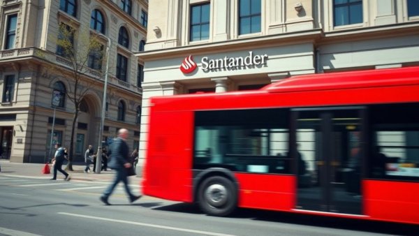 Street scene outside a Santander bank with a passing red bus.