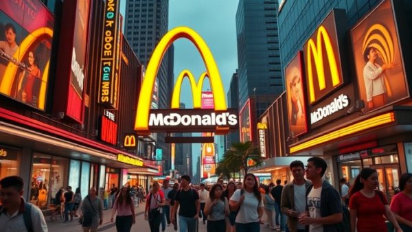 Neon-lit McDonald's sign with bustling street capturing urban vibrancy.