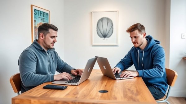 Two men using laptops in an office setting, highlighting collaboration.