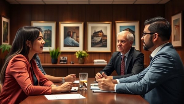Four business professionals discussing joint approach to Rafah terrorists in an office.