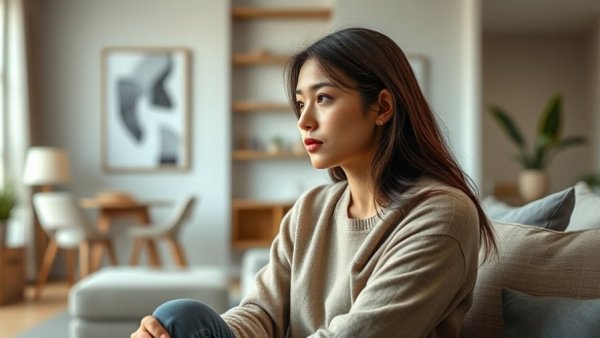 Thoughtful young woman in a modern living room, shocking money stats.