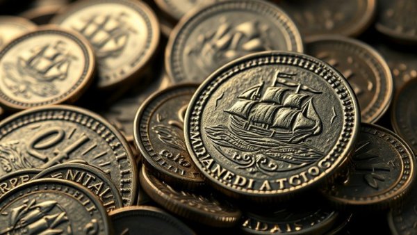 Viking ship coin investment, close-up of engraved coins.