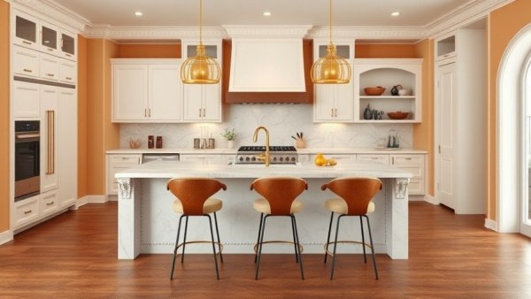 Modern kitchen renovation with island and stylish lighting.