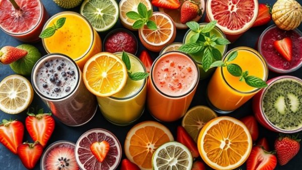Colorful unique smoothie recipes in glasses, top view.