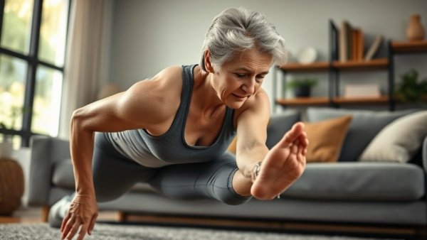 Senior woman performing calf exercises at home in living room