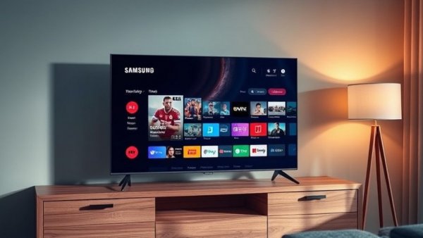 Modern Samsung TV showcasing streaming apps with ambient lighting.