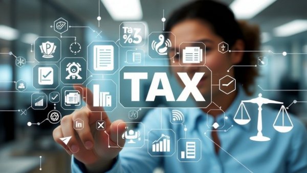 Digital interface on tax topics with interactive icons, blurred office setting.