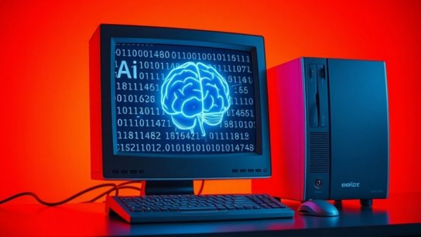 Vintage computer with brain on screen and binary code background, AI chatbots eating disorders concept