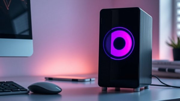 Sleek black computer speaker with purple LED light on modern desk.