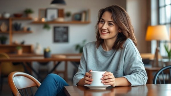 Casual woman holding coffee, cozy indoor setting, now is the time to buy.