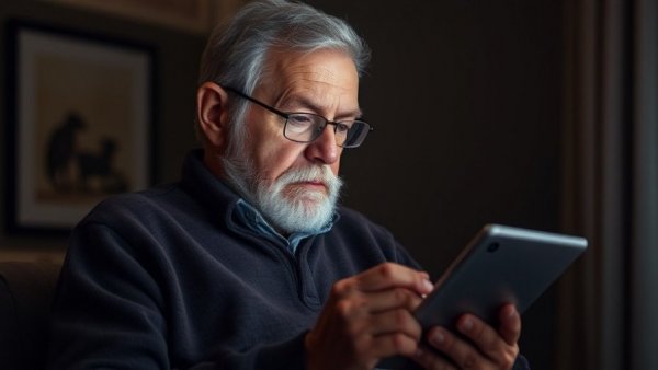 Elderly man reading tablet in dimly lit room, Paul's Amazing Ministry During His Last Days.