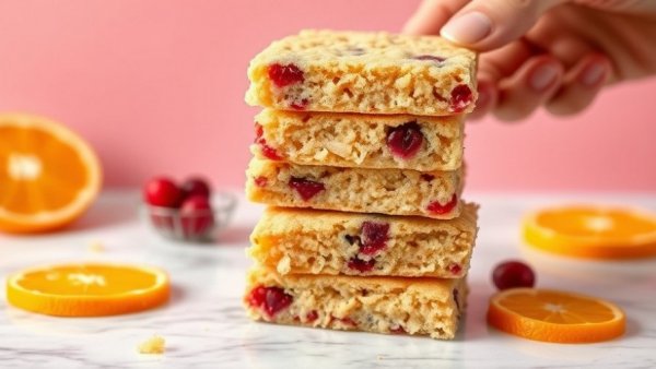 Cranberry Orange Cookie Bars stacked with vibrant pink background.