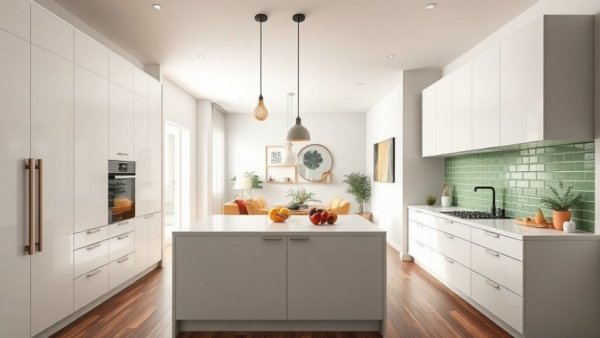 Modern kitchen design featuring green tiles and sleek decor.