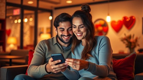 Happy couple in an office setting, suggestive of dating your boss scenario.