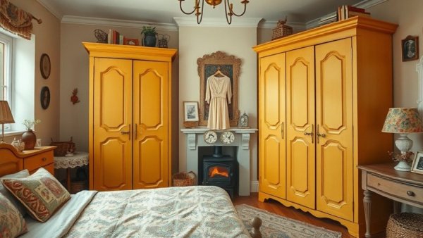 Charming bedroom with mustard wardrobes, highlighting wardrobe dehumidifier potential.