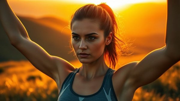 Focused woman stretching arms at sunset in a scenic environment.