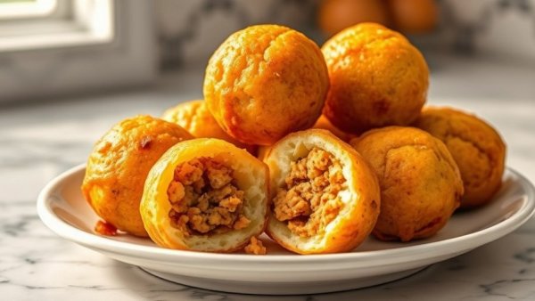 Golden Char Siu potato balls recipe with savory filling on marble countertop.