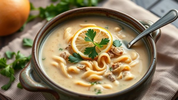Aromatic creamy turkey noodle soup with herbs and lemon.