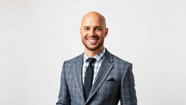 Confident bald man in checkered suit, white background.