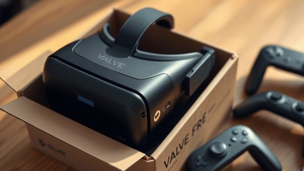 Valve Steam Frame VR headset in open box with controllers on wooden table.