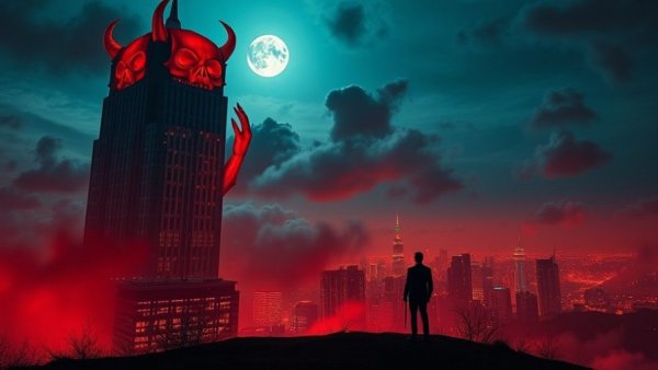 Giant demon skyscraper and businessperson in nighttime cityscape, exploring corporate exuberance management concepts.