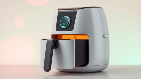 Sleek stylish air fryer with a digital display on a pastel background.