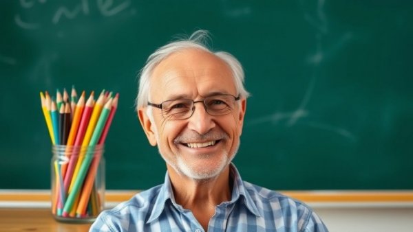 Elderly man smiling beside classroom chalkboard with colored pencils, reflecting on 'how will you use your time'.