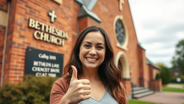 Brunette woman smiling in front of a church sign, helping community.