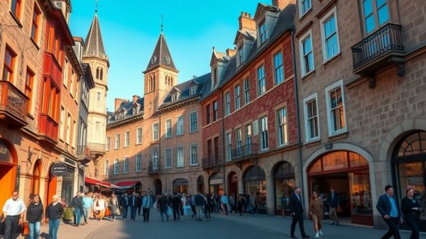 Bustling street with historic buildings, scaffolding, sunset in Scotland.