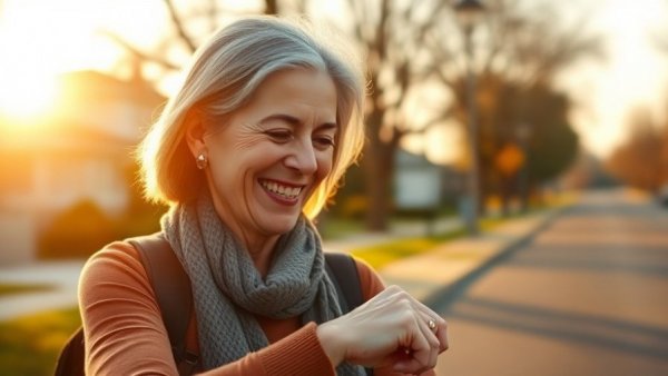 Woman checks fitness tracker while walking to flatten stomach