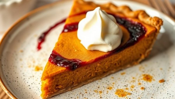 Pumpkin slab pie with cranberry jam swirl on speckled plate.