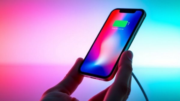 Belkin smartphone charger displaying a colorful screen, vibrant backdrop.