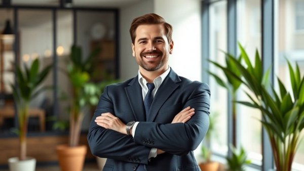 Businessman smiling in a modern office, MQube new underwriting technology.