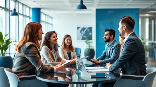 Professionals discussing performance management techniques in a modern office.