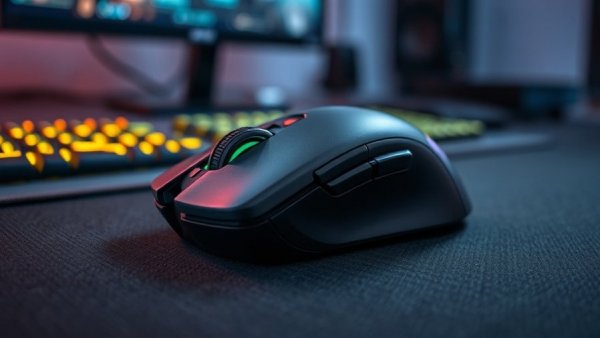 Close-up of Logitech MX Master 4 mouse on desk with tech accessories in background.