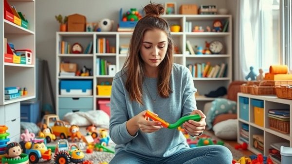 Young woman engaged in Extreme Pre-Christmas Toy Declutter.