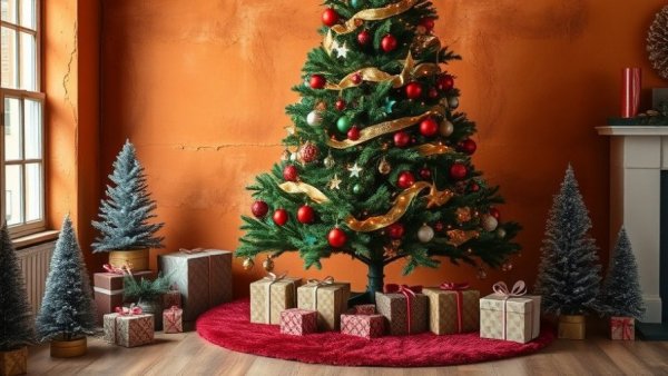 Festive tree with M&S tinsel tree skirt and gifts.