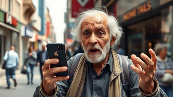 Elderly man discussing financial strategies with a smartphone on a busy street.