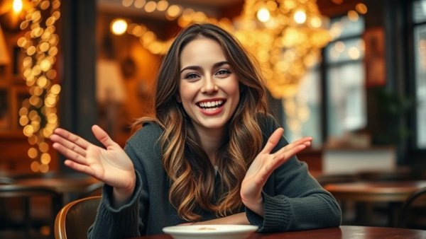 Smiling young woman at a cafe, discussing Christmas, warm ambiance.