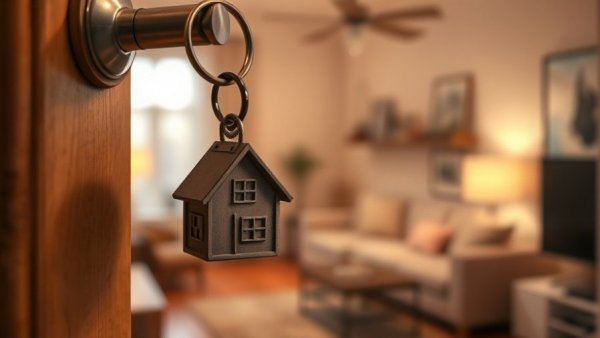 Key with house keychain in door lock for 2026 property sale preparation.