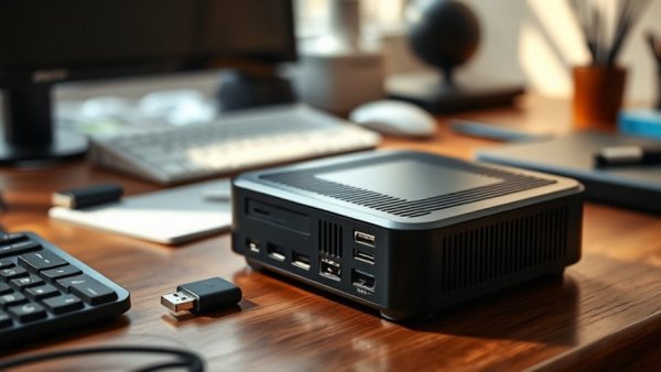 Sleek mini PC on desk with keyboard and USB, highlighting mini PCs market trends.