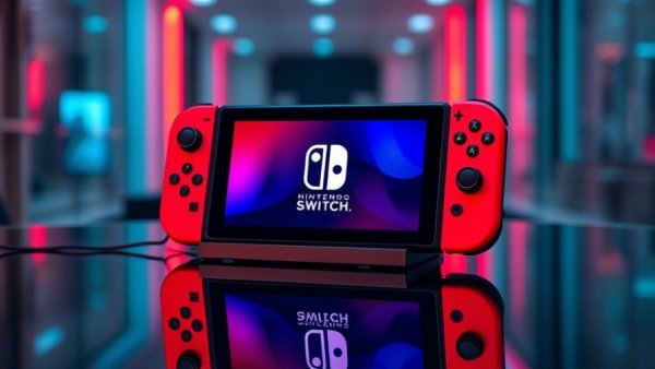 Nintendo Switch dock with vibrant red and blue lighting.