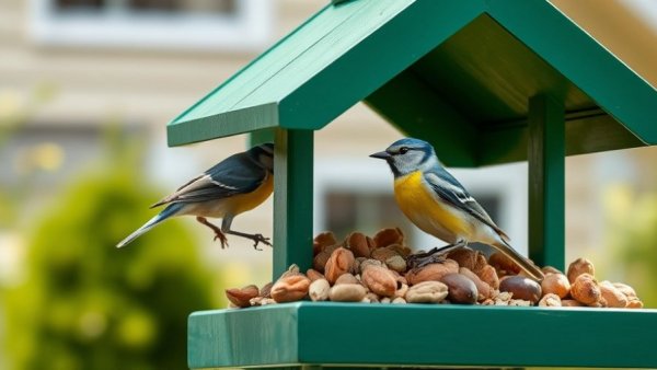 Close-up of bird feeder with blue bird highlighting wet bird feed dangers.