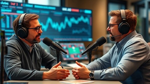 Virtual podcast on crypto market sentiment with two men discussing trends.